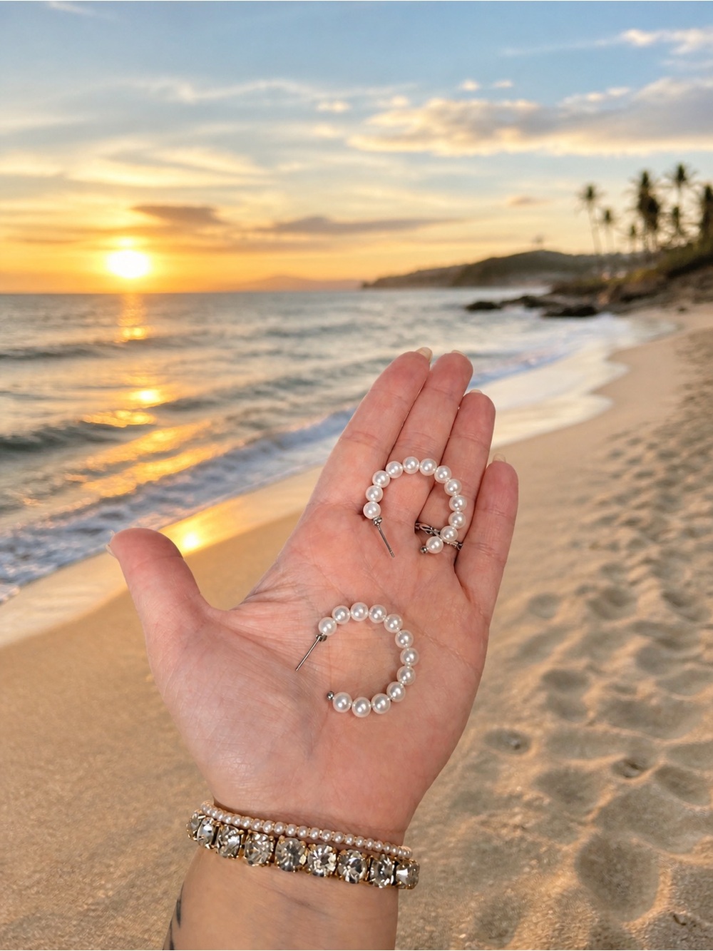 Pearl Hoops with Silver Posts - White Pearls